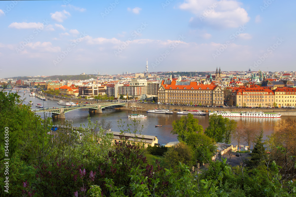 Scenic view of bridges on the Vltava river and of the historical center of Prague