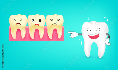 Cute cartoon tooth character Laughing. Whitening and yellow teeth. Dental care concept,  illustration.