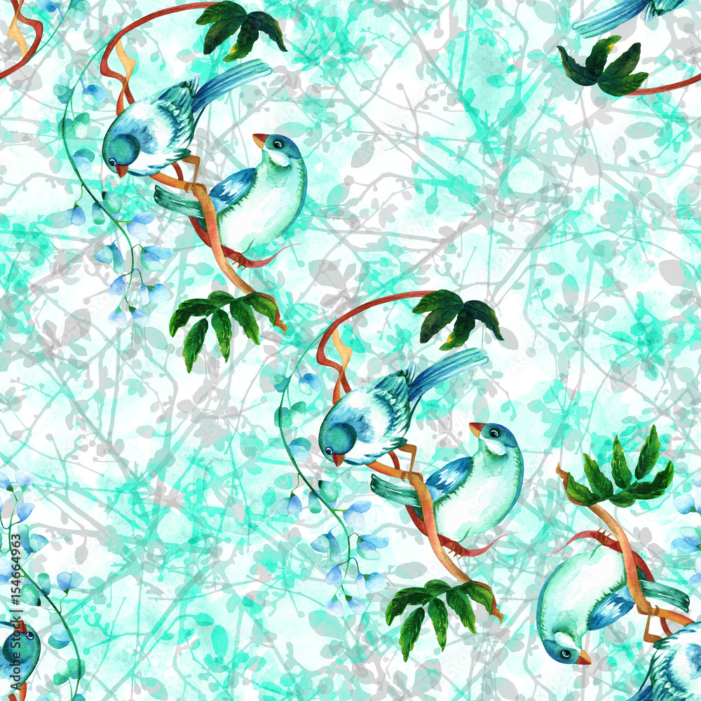 Seamless pattern with teal watercolor birds, branches, and flowe Seamless pattern with teal watercolor birds, branches, and flowe