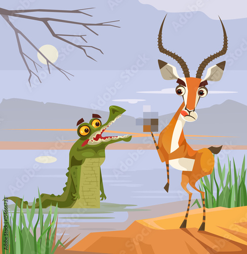 Predator crocodile  and victim antelope characters. Vector flat cartoon illustration