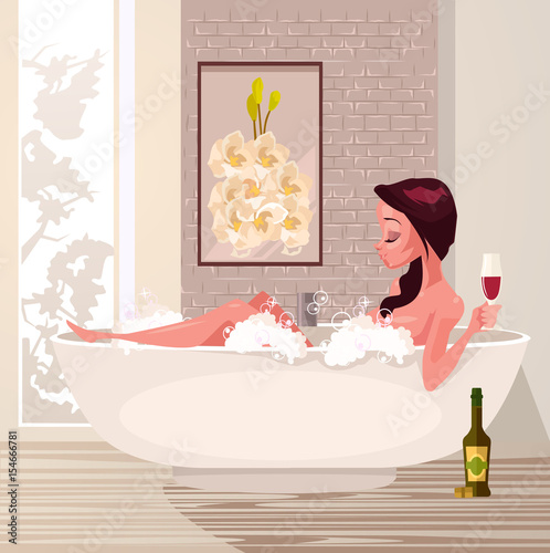 Happy smiling woman character taking bath relaxing and drink wine. Vector flat cartoon illustration