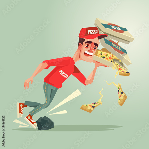 Unlucky courier man character stumble on stone and drops pizza down. Vector flat cartoon illustration photo