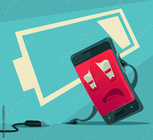 Sad unhappy tired smart phone character with low battery energy. Vector flat cartoon illustration