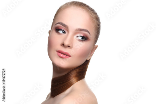 Beauty model on white background, fashion shooting