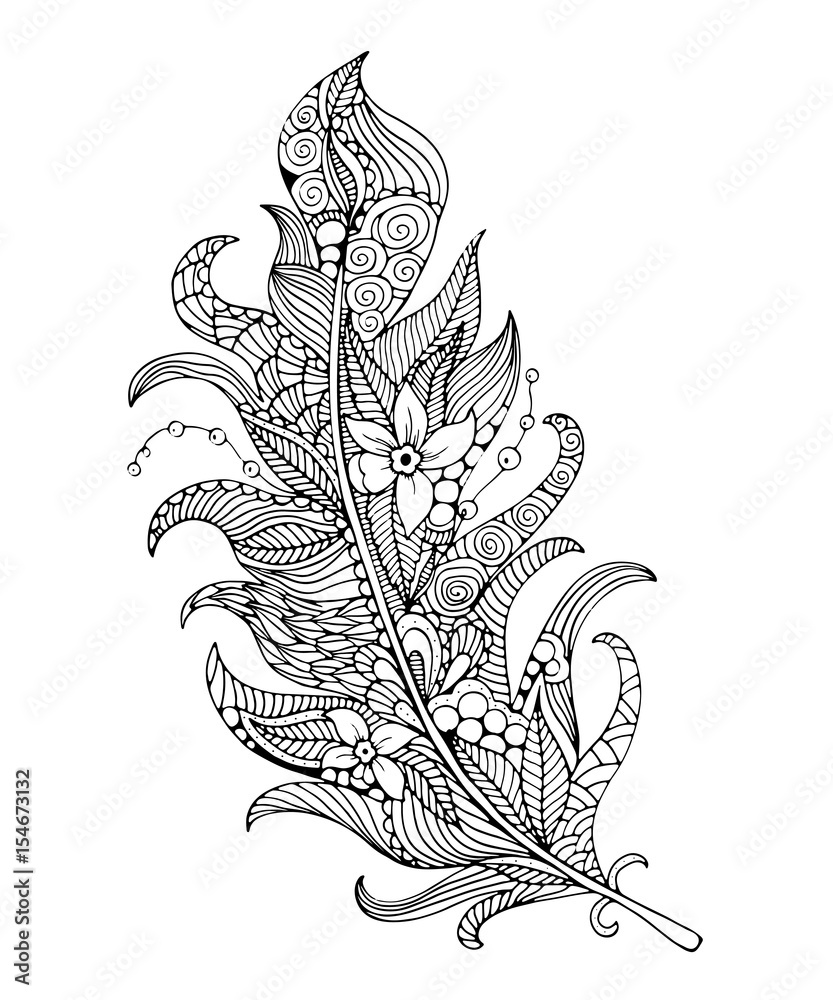 Feather coloring page. Hand-drawing feather Stock Vector | Adobe Stock