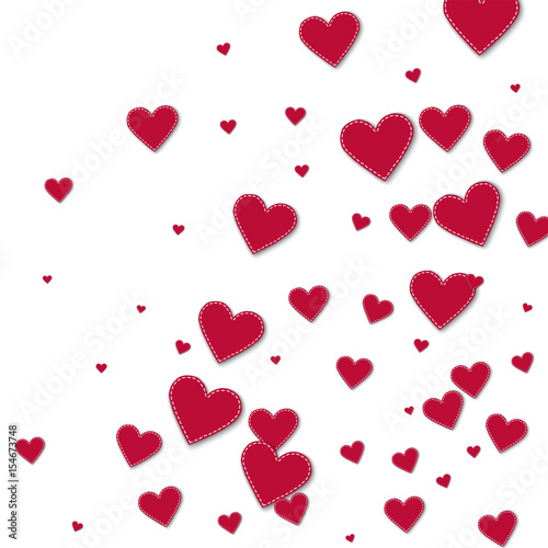 Red stitched paper hearts. Abstract random scatter on white background. Vector illustration.