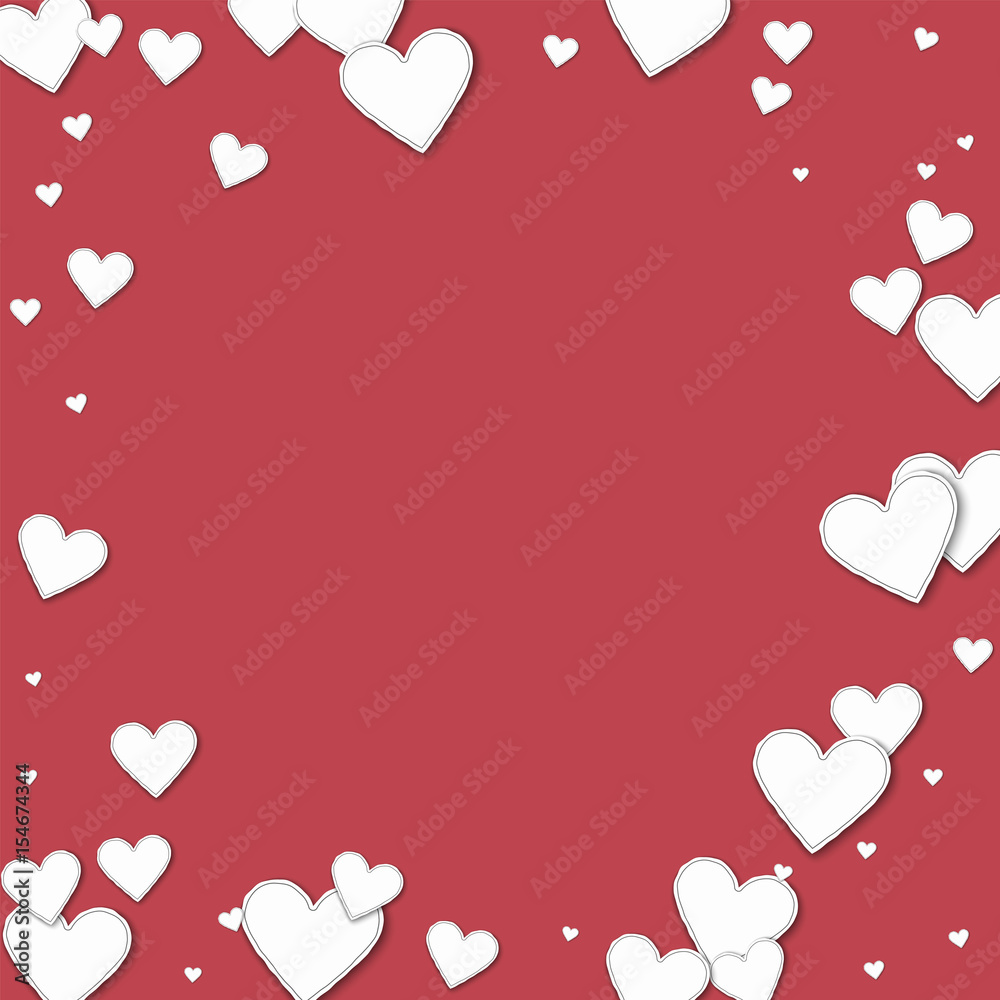 Cutout paper hearts. Bordered frame on crimson background. Vector illustration.