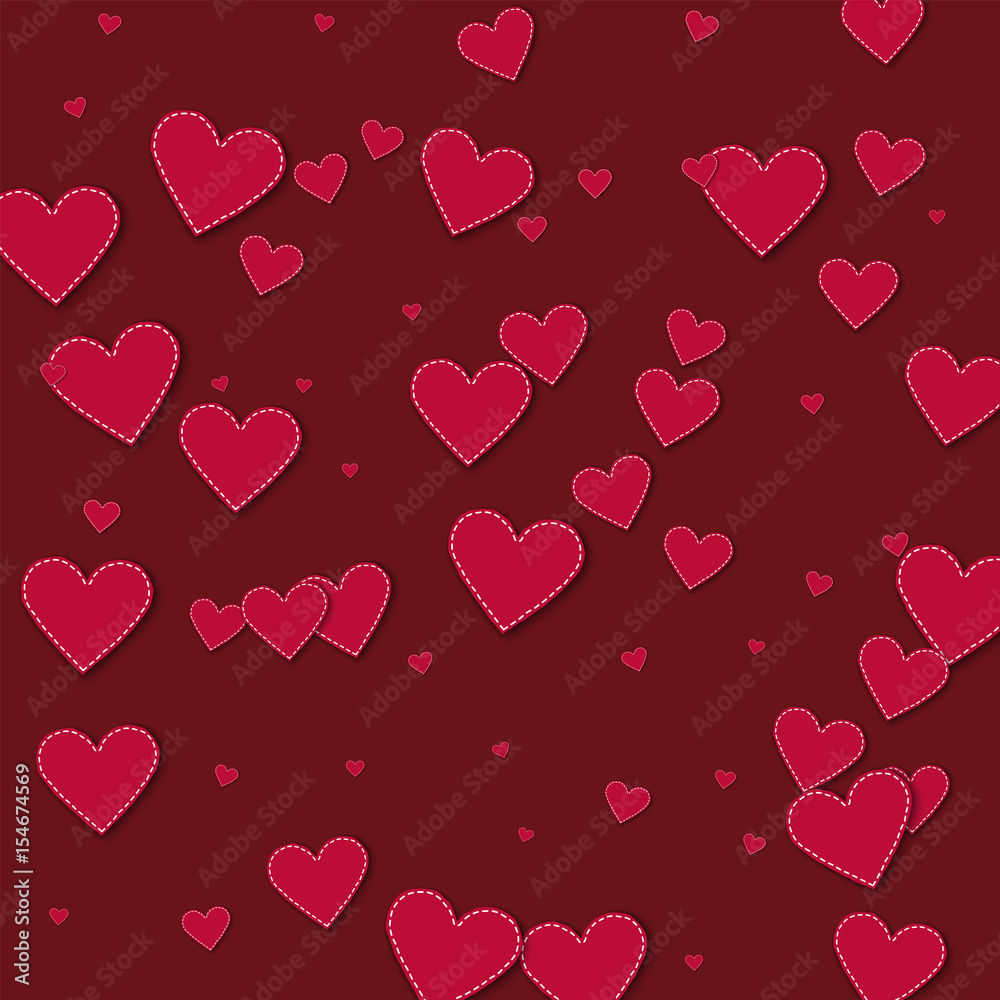 Red stitched paper hearts. Chaotic scatter lines with red stitched paper hearts on wine red background. Vector illustration.