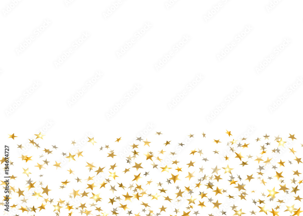 Gold stars falling confetti isolated on white background. Golden abstract random pattern Christmas card, New Year holiday. Shiny confetti paper stars. Glitter explosion on floor Vector illustration