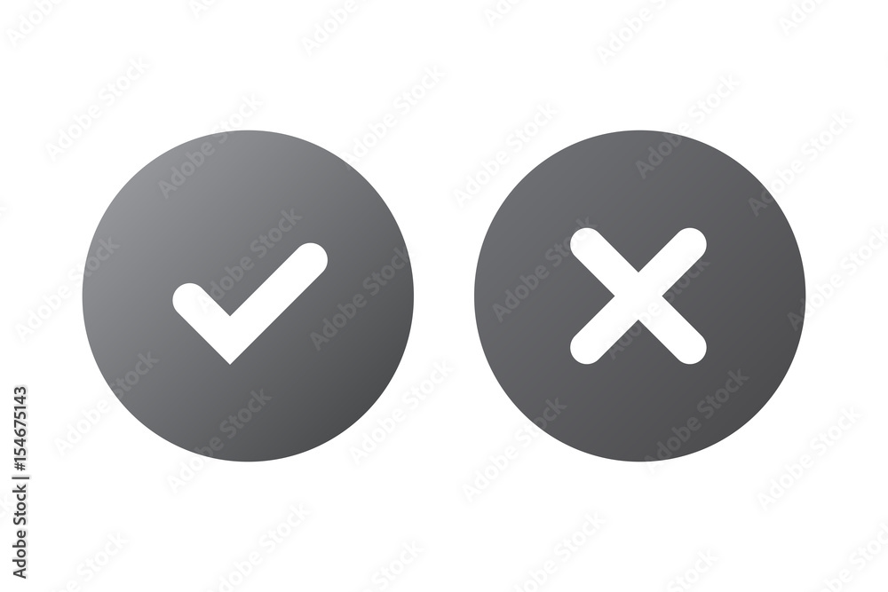 Tick and cross gray signs. Silver checkmark OK and X icons, isolated on white background. Marks graphic design. Circle symbols YES and NO button for vote, decision, web. Vector illustration Tick and cross gray signs. Silver checkmark OK and X icons, isolated on white background. Marks graphic design. Circle symbols YES and NO button for vote, decision, web. Vector illustration