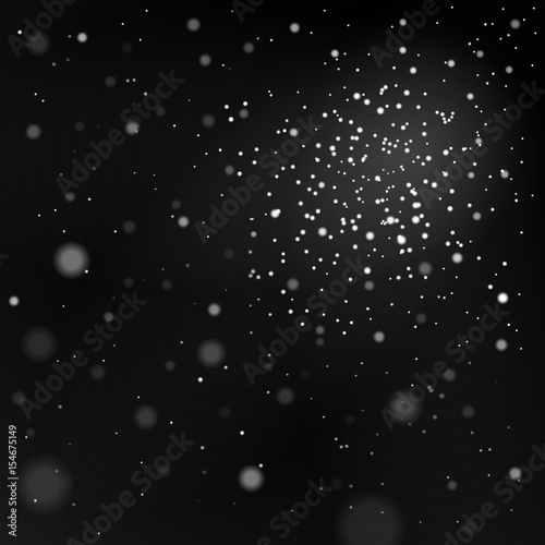 Silver stars black night sky background. Abstract bokeh glowing space design. Starry milky way. Galaxy white starlight shine sparkle. Silver shiny fantasy glow in dark Vector illustration