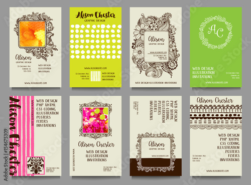 Set of hand drawn business cards, with doodles, textures, dot patterns, stripes and frames