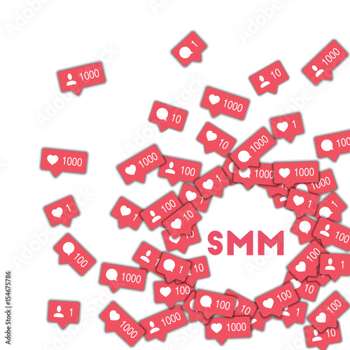 SMM. Social media icons in abstract shape background with counter, comment and friend notification. SMM concept in delightful vector illustration.