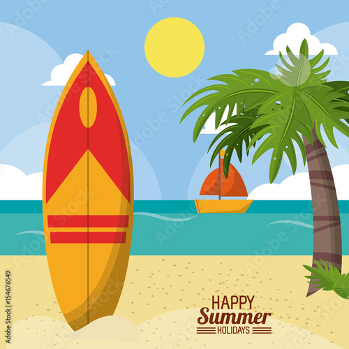 happy summer holidays poster. beach surfboard ship sun sea vector illustration