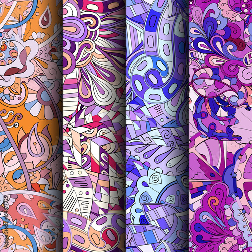 Set of tracery colorful seamless patterns. Vertical stripes. Curved doodling backgrounds for textile or printing with mehndi and ethnic motives. Vector