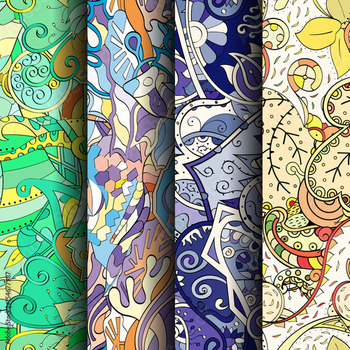 Set of tracery colorful seamless patterns. Vertical stripes. Curved doodling backgrounds for textile or printing with mehndi and ethnic motives. Vector