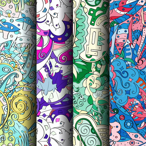 Set of tracery colorful seamless patterns. Vertical stripes. Curved doodling backgrounds for textile or printing with mehndi and ethnic motives. Vector