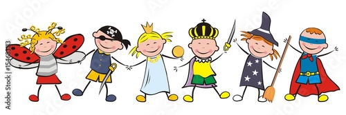 carnival, happy kids and masks, vector illustration