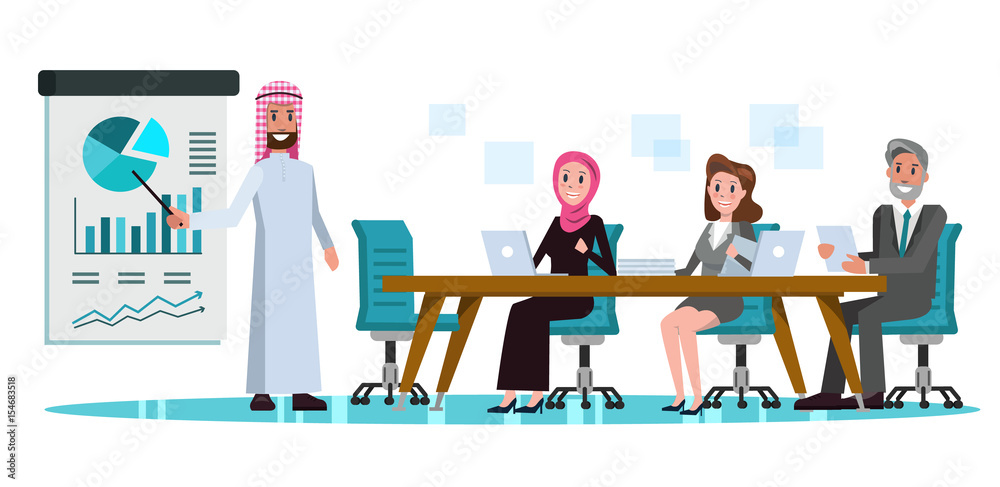 Arabic Businessman presenting business plan in meeting room. business teamwork and partnership concept. flat character design .Vector illustration Arabic Businessman presenting business plan in meeting room. business teamwork and partnership concept. flat character design .Vector illustration