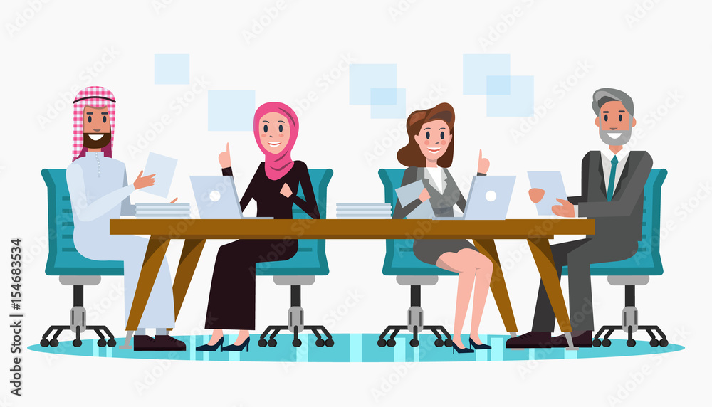 Arabic and Western Business people meeting at the big table. business teamwork and partnership concept. flat character design .Vector illustration