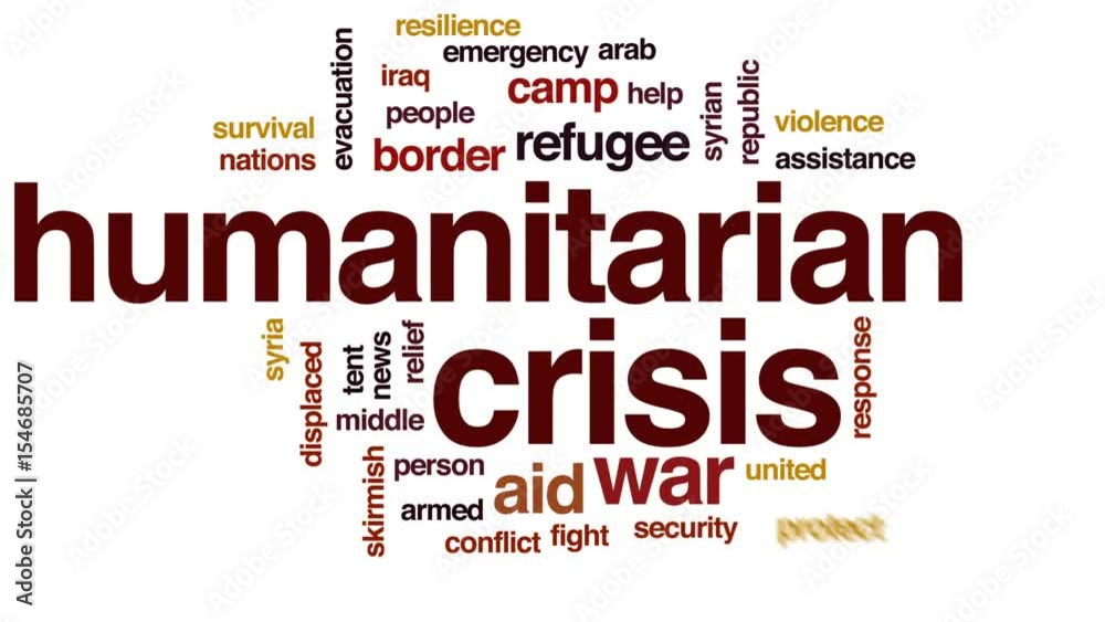 Humanitarian crisis animated word cloud, text design animation. Humanitarian crisis animated word cloud, text design animation.