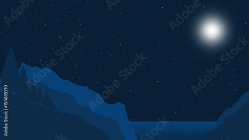 Fototapeta Naklejka Na Ścianę i Meble -  Landscape Illustration with Moon, Stars, Sea and Hills