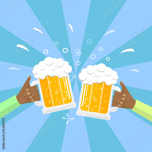 People's hands holding mugs of beer on retro background. Vector.