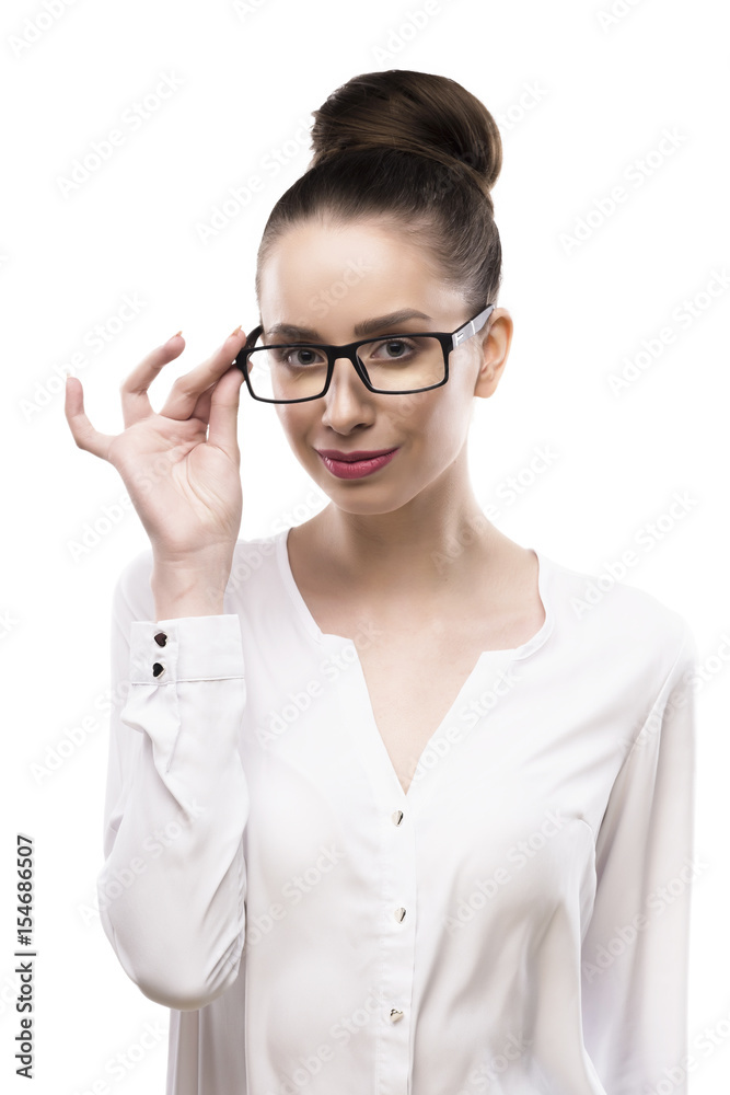 female portrait in glasses on a white background