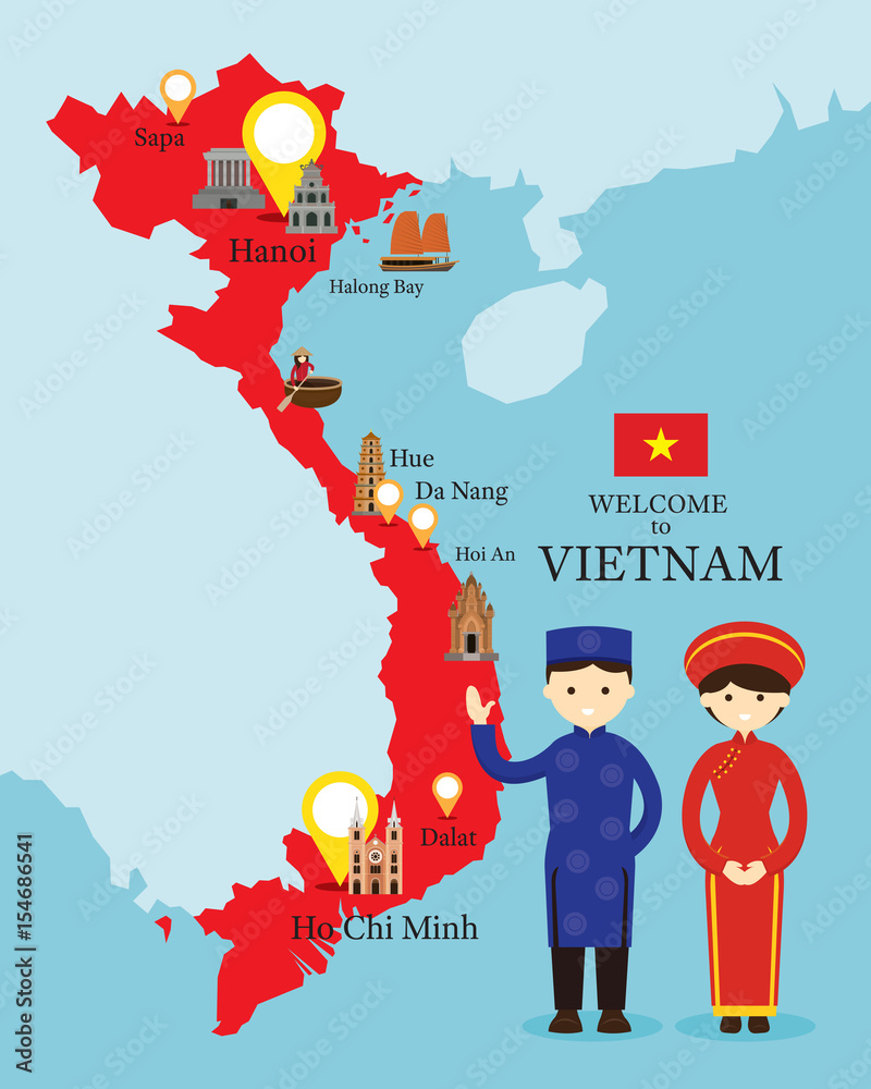 Vietnam Map And Landmarks With People In Traditional Clothing Stock ベクター Adobe Stock Vietnam Map And Landmarks With People In Traditional Clothing Stock ベクター Adobe Stock