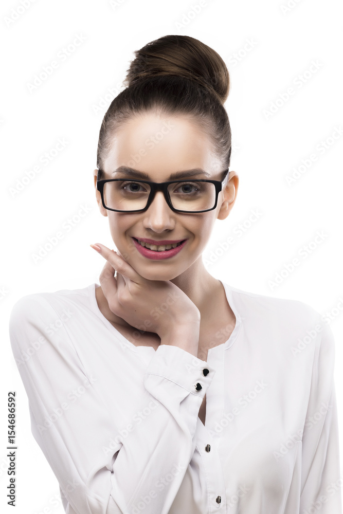 female portrait in glasses on a white background female portrait in glasses on a white background