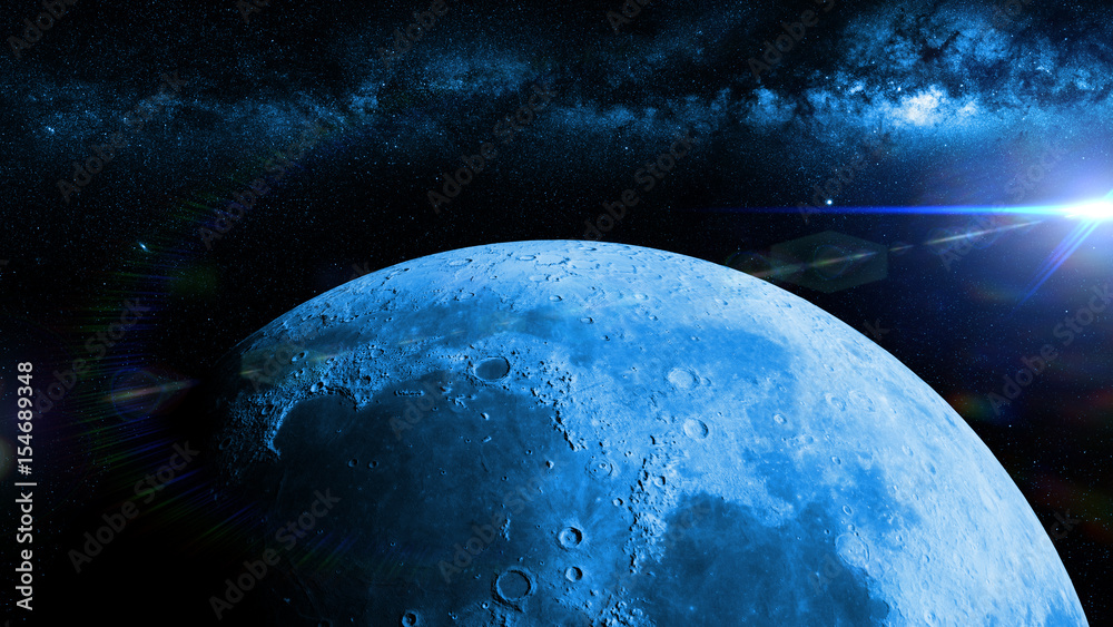 Naklejka premium niebieski Księżyc przed galaktyką Drogi Mlecznej i Słońcem