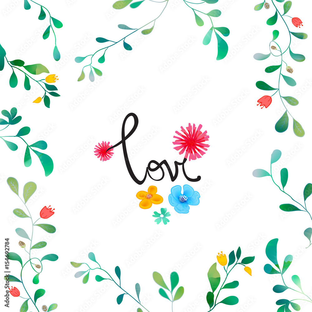 Vector Watercolor Floral background With Hand Painted Leaves. Watercolor Leaf Branch backdrop. Text Frame. Template for wedding, valentine day, mothers day, birthday, invitations.