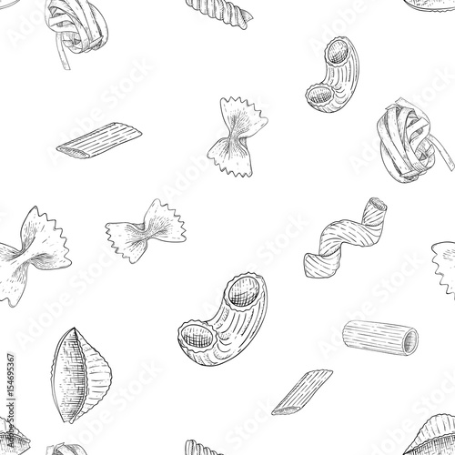 Pasta collection. Hand drawn outline vintage sketch. Seamless pattern