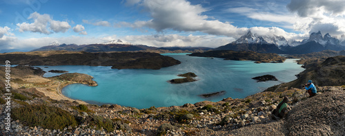 Panoramic view on the fantastic Lake Pehoe in the heart of the Torres del Paine Alps in Chilean Patagonia.