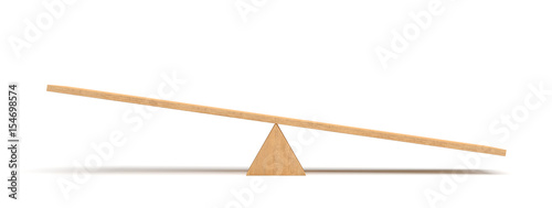 3d rendering of a light wooden seesaw with the right side leaning to the ground on white background. photo