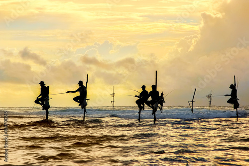 Traditional fishermen on sticks at the sunset in Sri Lanka. © delbars