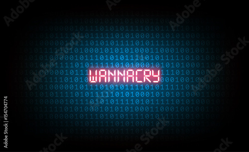 The wannacry virus is among blue binary code and ransomware, virus computer attack concept, technology background, vector illustration