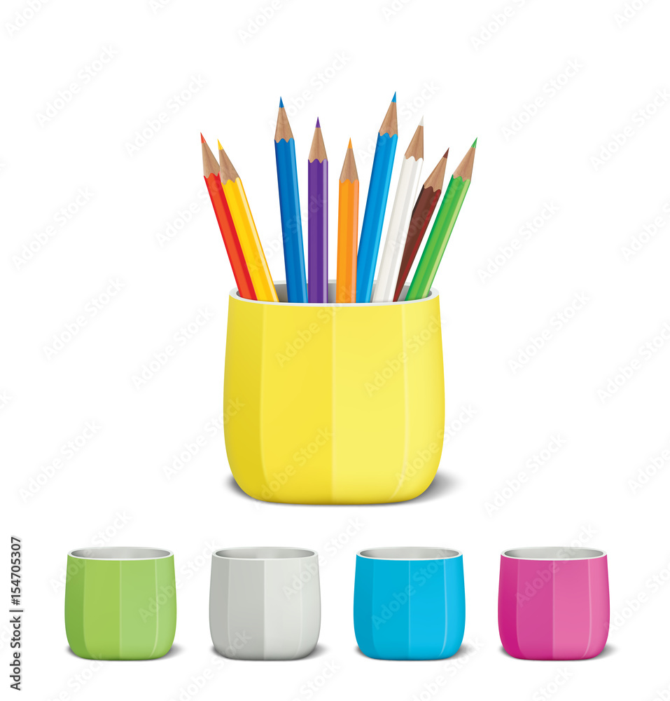 Obraz premium Colored Pencils and Pencil Holders. Vector illustration