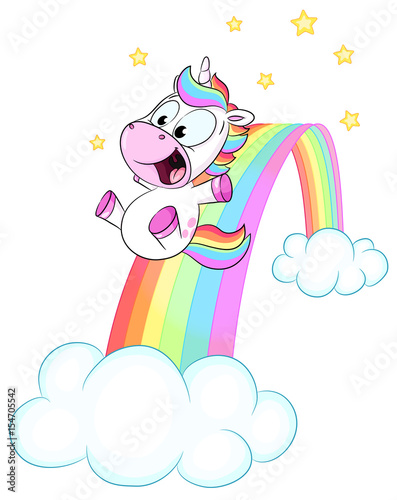 Niedliches Einhorn rutscht auf Regenbogen Vektor Illustration