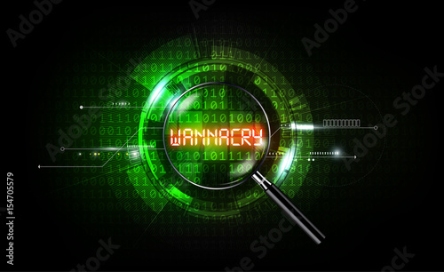 The wannacry attack is among green binary code and ransomware, virus computer search concept, technology background, vector illustration