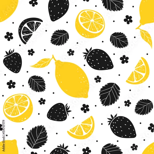 Tapety Truskawka i cytryna wzór w kolorach żółtym i czarnym. Ilustracji wektorowych