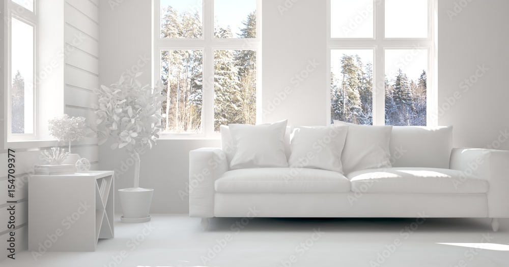 White room with sofa and winter landscape in window. Scandinavian interior design. 3D illustration White room with sofa and winter landscape in window. Scandinavian interior design. 3D illustration