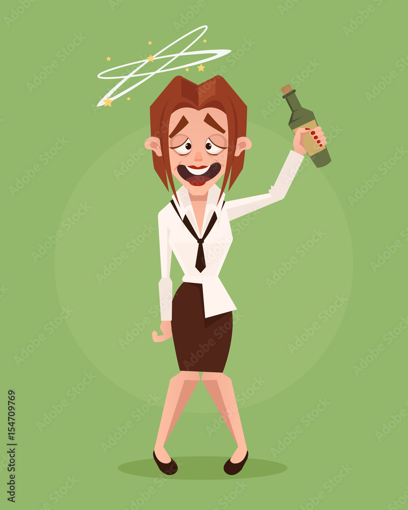 Happy smiling drunk business woman office worker character. Vector flat