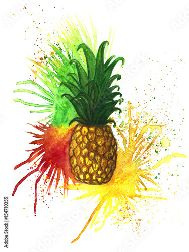 Pineapple with watercolor sprays, Pineapple painted in watercolor against a background of multi-colored splashes