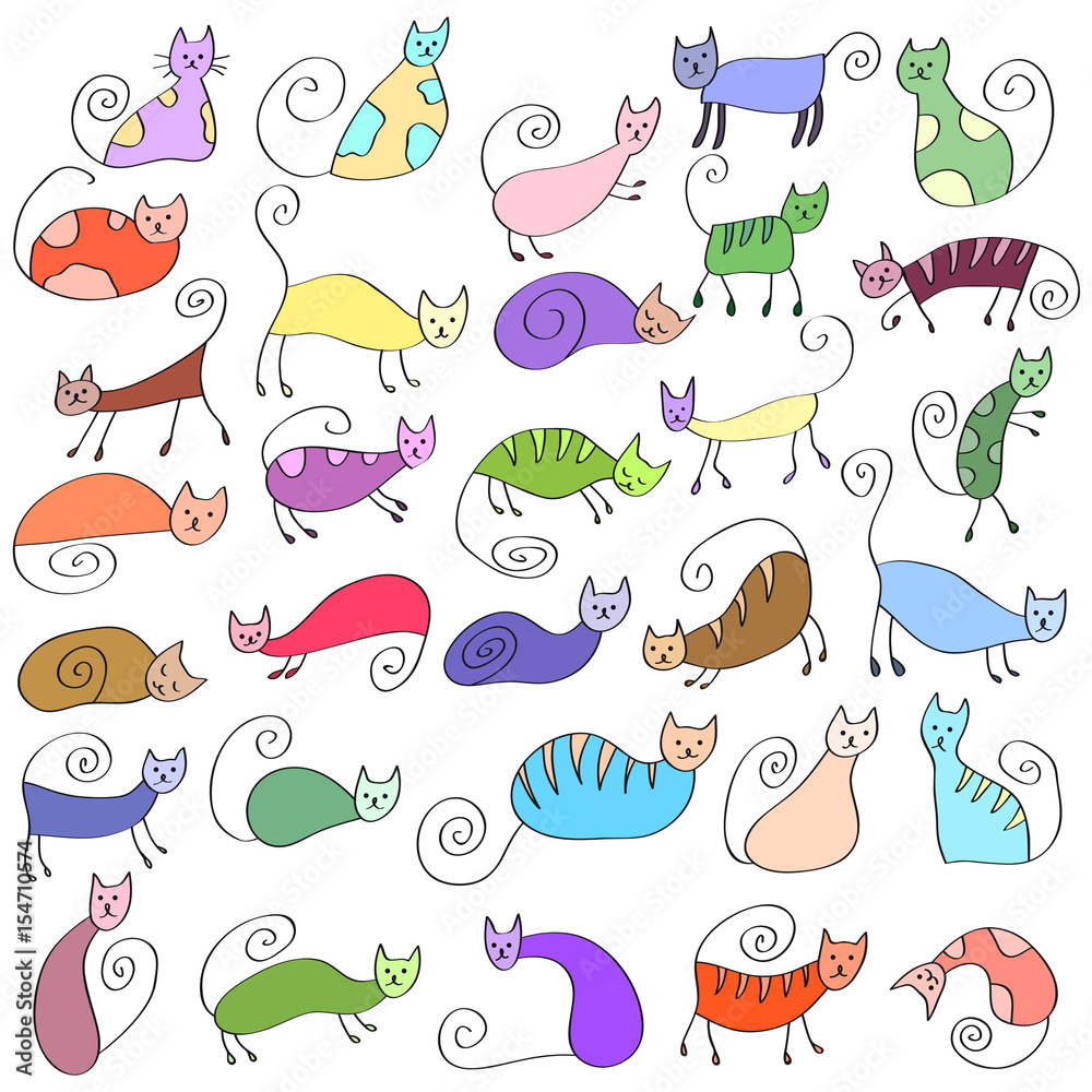 Naklejka premium Set of odd funny colored primitive style cats.