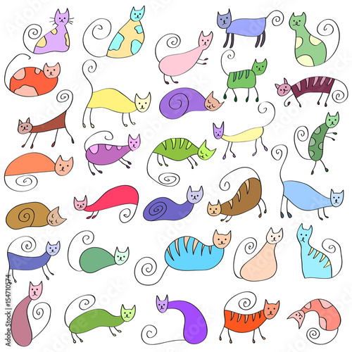 Set of odd funny colored primitive style cats.