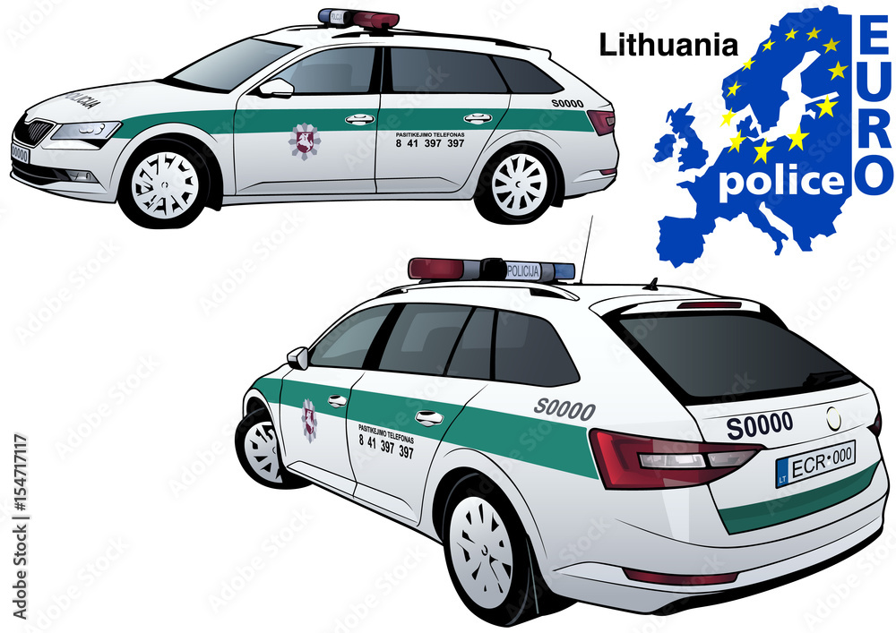 Lithuania Police Car - Colored Illustration from Series Euro police, Vector Lithuania Police Car - Colored Illustration from Series Euro police, Vector