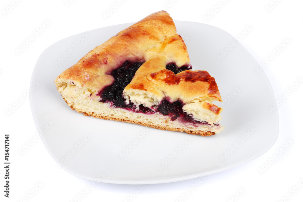 cake with blackberry on plate isolated on white background cake with blackberry on plate isolated on white background