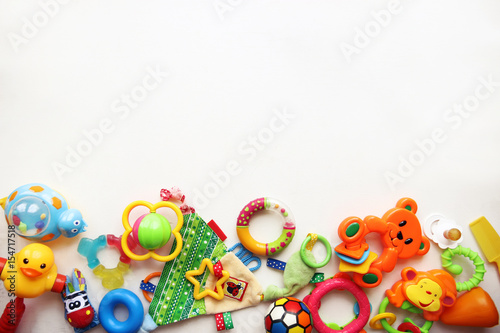 Children's toys and accessorieson a White background.view from above 