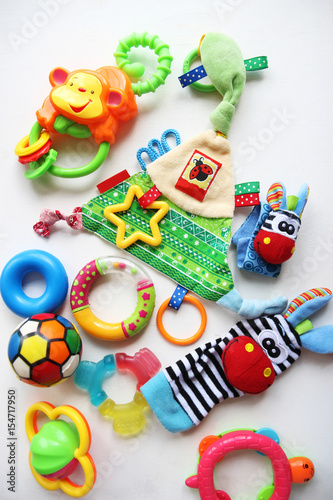 Children's toys and accessorieson a White background.view from above
